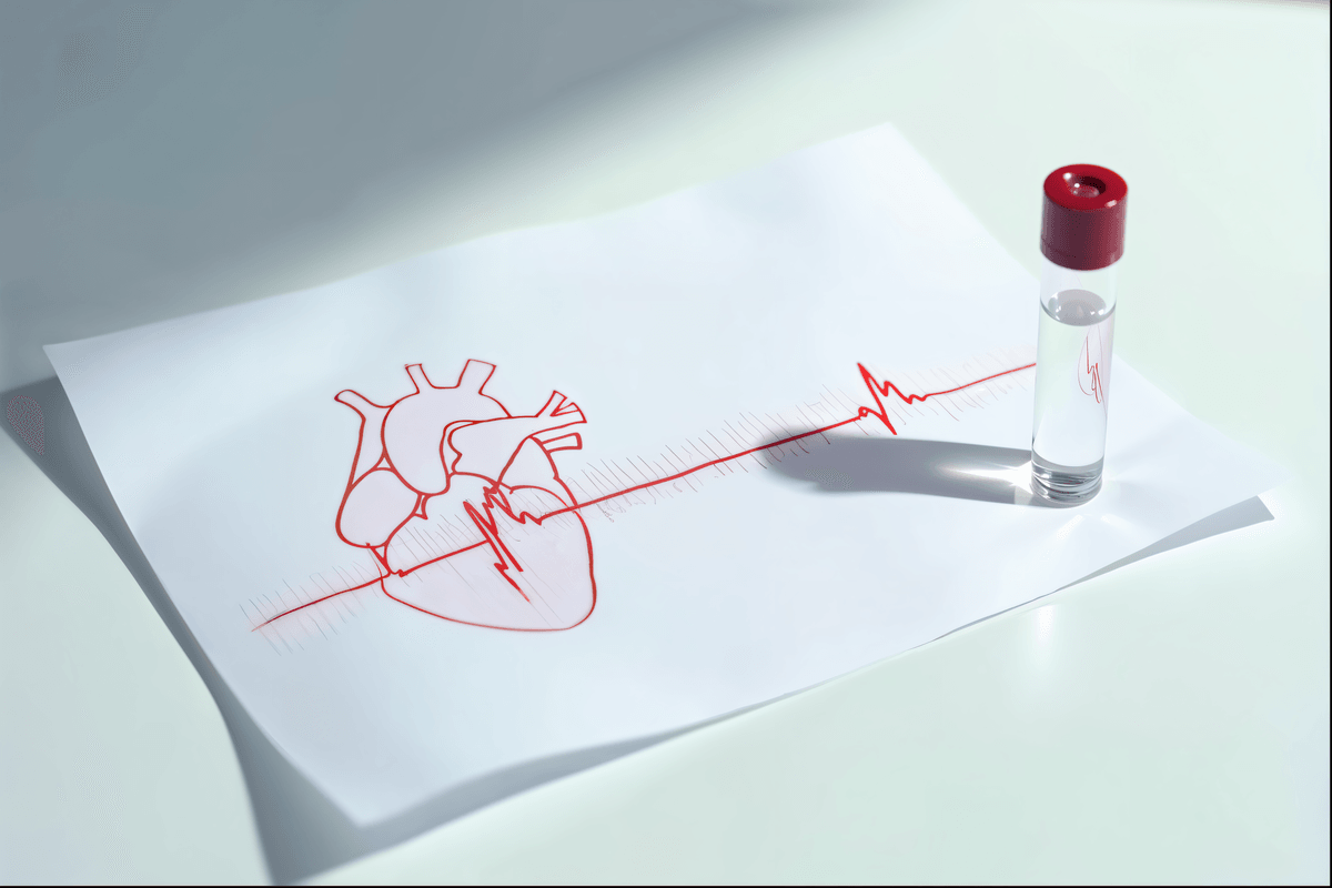 Diagrama anatomico de coracao e linha de ECG em folha de exame ao lado de tubo laboratorial sobre superficie neutra para avaliacao cardiovascular apos 40