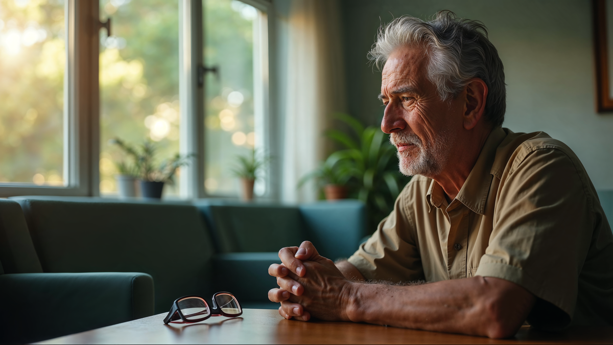 Homem 72 anos contemplativo aguardando consulta oftalmológica · catarata progressiva · luz suave janela · editorial C+Med Vision 360°
