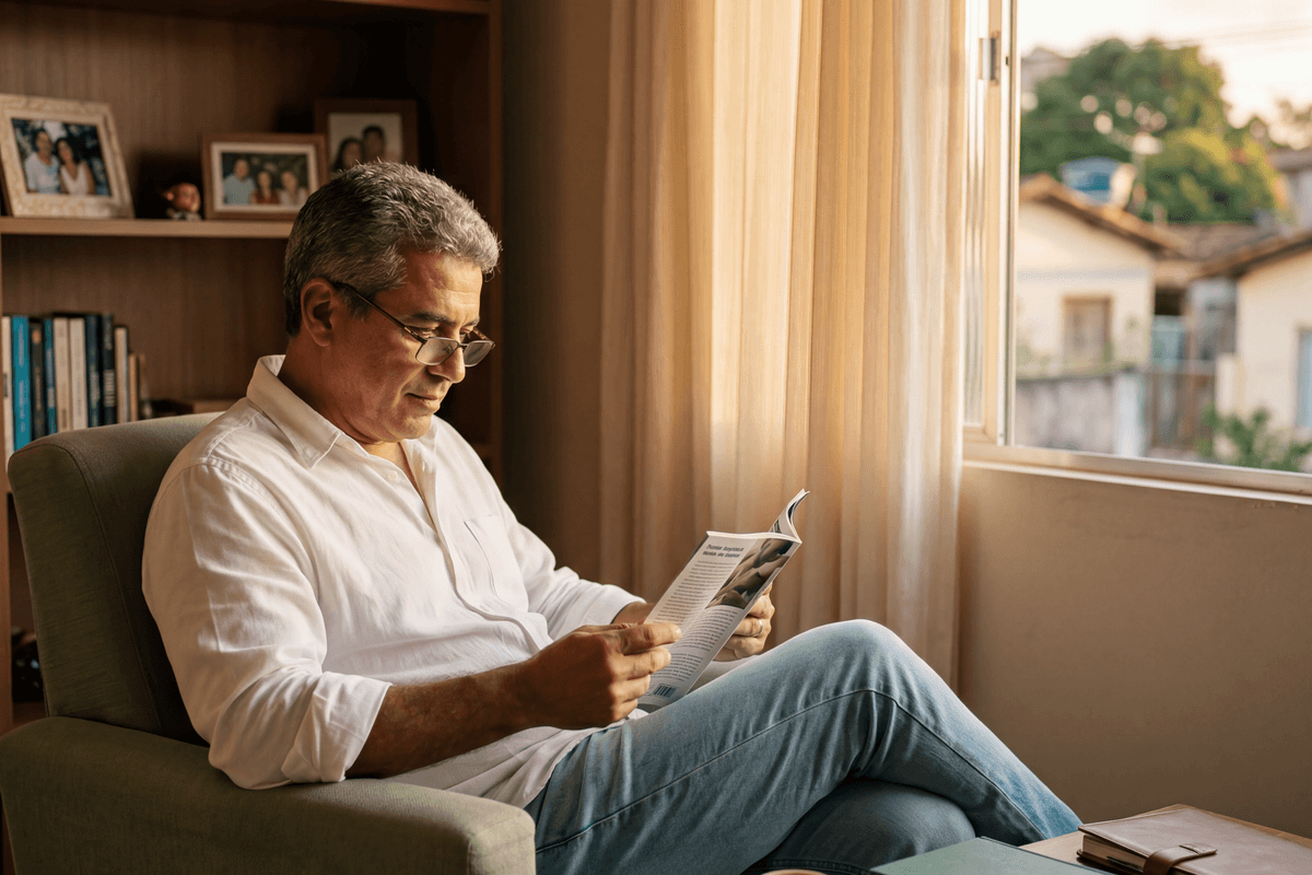 Roberto, 44 anos, comerciante de Itaberaba — retrato editorial canônico C+Med representando homem em investigação clínica DAEM e andropausa