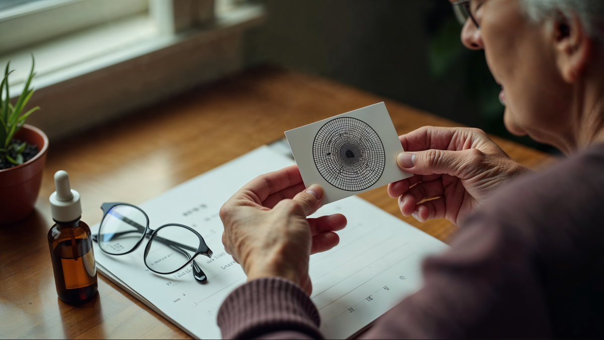 Mãos mulher idosa segurando teste Amsler grid · distorção macular visível · óculos leitura ao lado · editorial C+Med Vision 360°