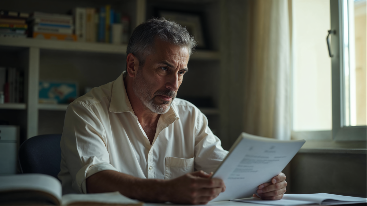 Homem 48 anos home study contemplativo lendo · saúde hormonal masculina · editorial C+Med Forja para Homens