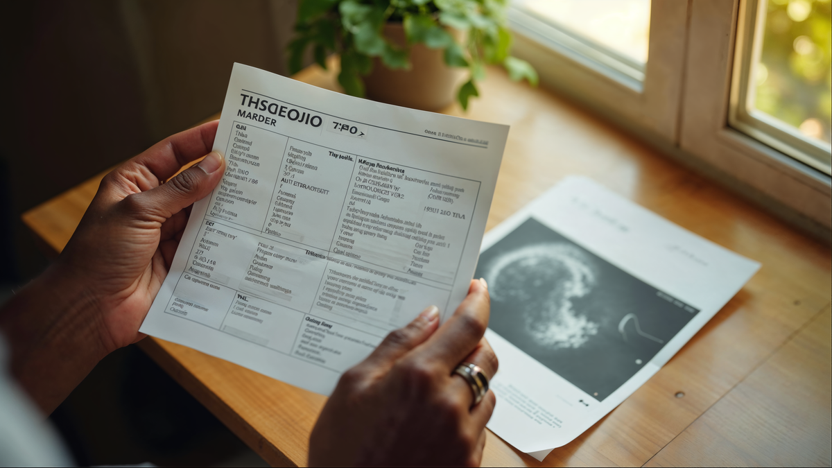 Mãos mulher negra Recôncavo segurando painel tireoide TSH Anti-TPO + ultrassom · still-life editorial C+Med Hashimoto