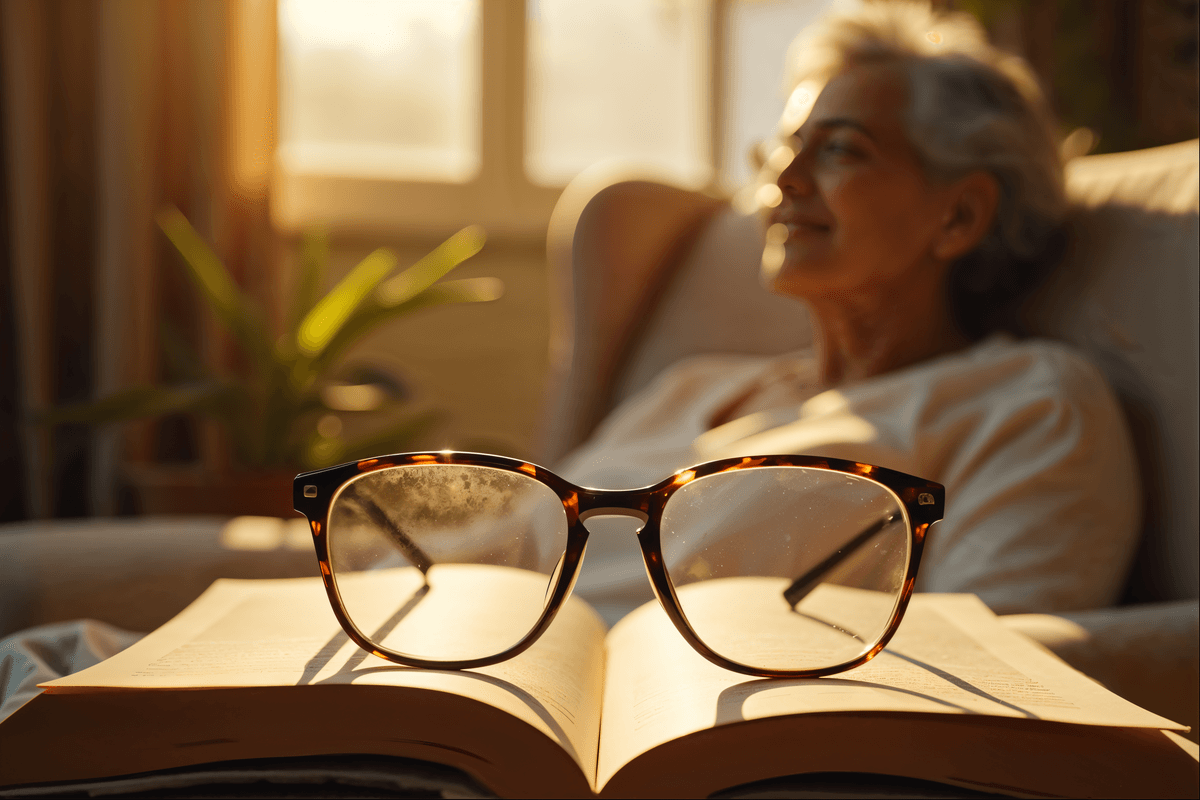 Óculos de leitura contemporâneos repousados sobre livro aberto com mulher madura serena ao fundo em ambiente doméstico do Recôncavo Baiano
