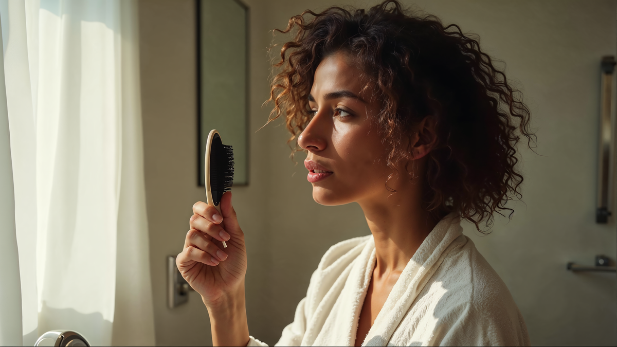 Mulher 44 anos banheiro contemplativa com escova · queda capilar feminina · editorial C+Med Saúde da Mulher