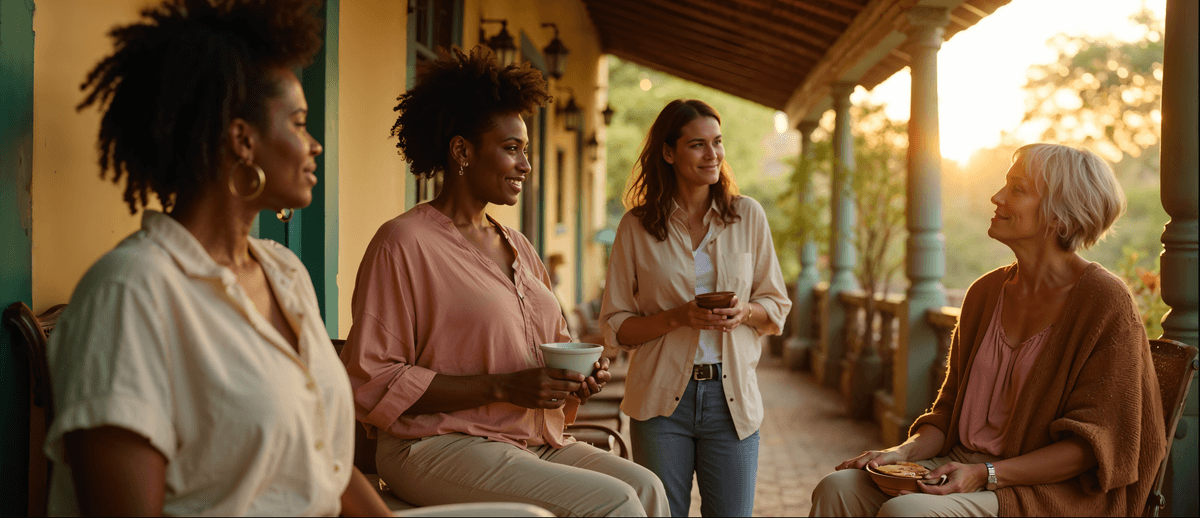 Quatro mulheres fictícias multigeracionais em encontro acolhedor de saúde feminina e autocuidado, varanda Recôncavo Baiano