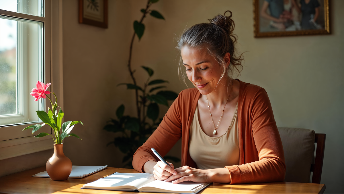 Mulher 41 anos lendo livro saúde hormonal · momento contemplativo letramento corporal · hub editorial Premium C+Med saúde da mulher 40+