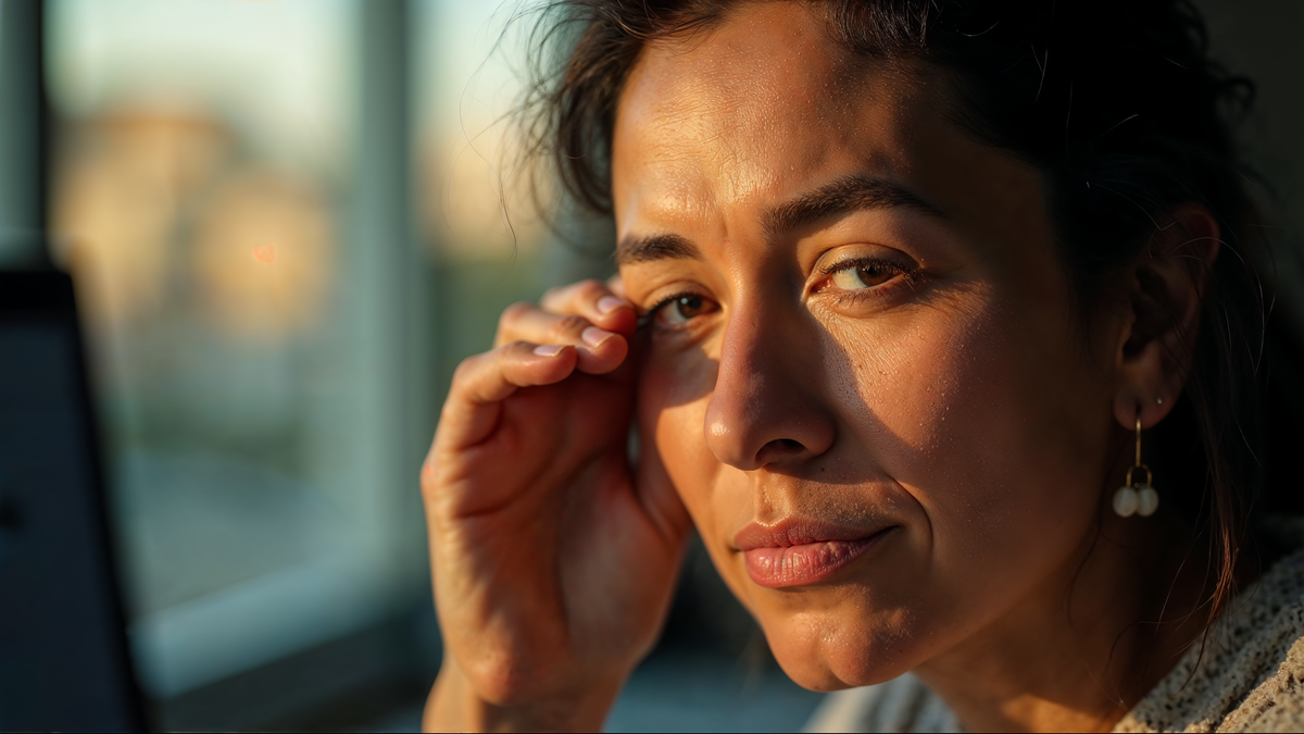 Mulher 45 anos escritório esfregando olho · síndrome olho seco · sintomas sistêmicos · editorial C+Med Vision 360°