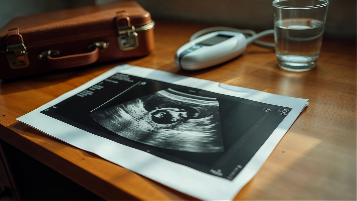 Imagem ultrassom transducer + relatório · Método CEMED guia ultrassonografia · still-life editorial C+Med